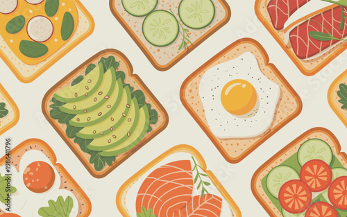 A vibrant illustration of various toast toppings including salmon, avocado, eggs, and cucumbers on a table.