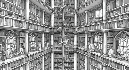 Symmetrical library interior architectural sketch