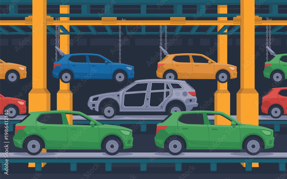 Fototapeta premium Cars are transported on a multi-level parking garage conveyor system