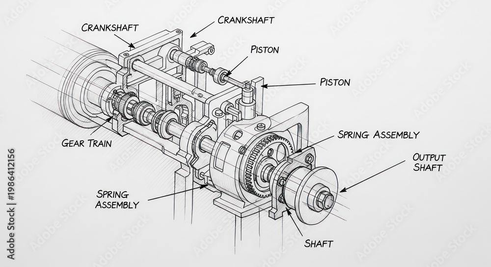 Obraz premium Detailed Technical Diagram of Engine Crankshaft Piston and Gear Assembly.