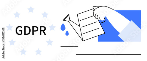 Data protection, privacy compliance, GDPR policies, digital security, information management, legal regulations. Hand pouring water on paper, nurturing data and compliance. GDPR policies and privacy