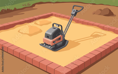 Construction workers use a plate compactor on sandy ground surrounded by bricks outdoors.