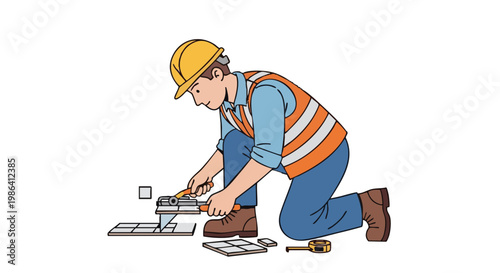 Construction worker wearing hard hat cutting ceramic tiles with manual cutter tool