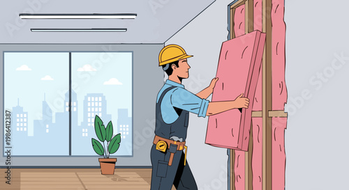 Construction worker installing thermal wall insulation in modern office