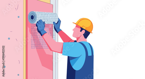 Construction worker applying reinforcing mesh on wall insulation panel