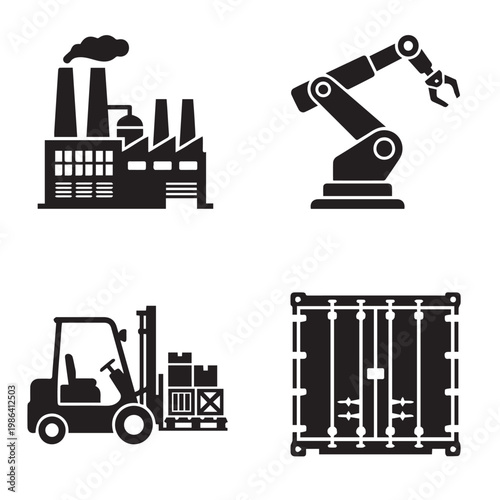 Heavy Industry and Manufacturing Icon Set. a classic factory building with smokestacks, an industrial robotic arm, a loaded forklift, and a large shipping container.