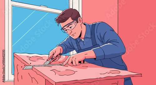 Worker cutting pink insulation panel with utility knife near window