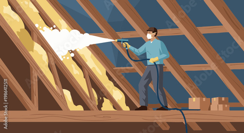 Man insulating attic with spray foam for energy efficiency vector illustration