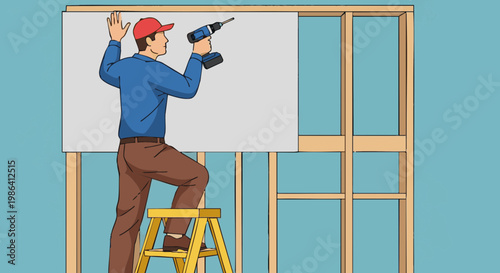 Man attaching drywall panel to wooden wall studs with power drill
