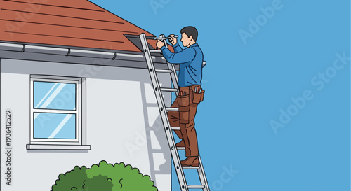 Handyman on ladder repairing roof gutter system of residential house