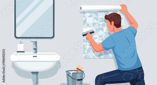 Man gluing patterned wallpaper in bathroom during home renovation