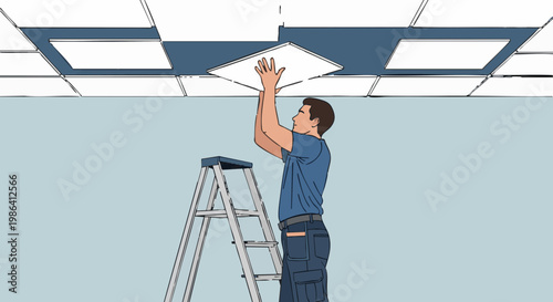 Man on ladder installing suspended ceiling tiles illustration