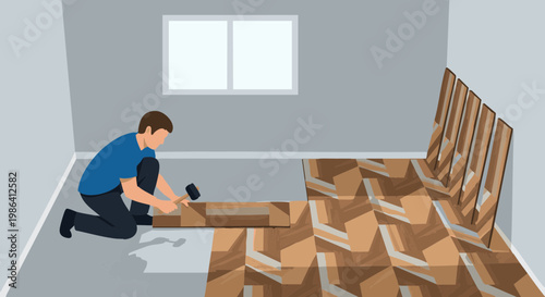 Man installing patterned laminate flooring in empty room. Home improvement DIY project vector illustration