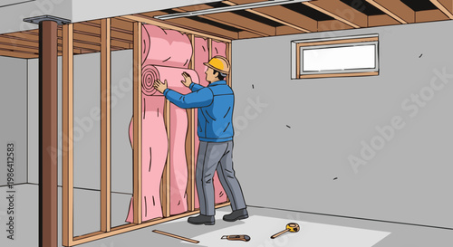 Construction worker installing pink fiberglass insulation in unfinished basement wall