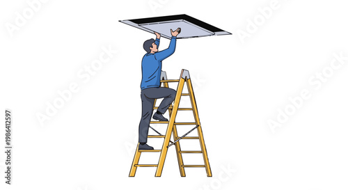 Man on stepladder installing ceiling tile. Worker doing home improvement or renovation. Vector drawing