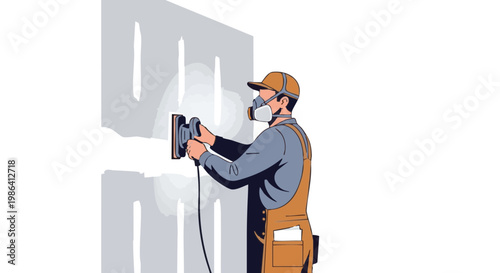 Construction worker sanding drywall with electric sander illustration
