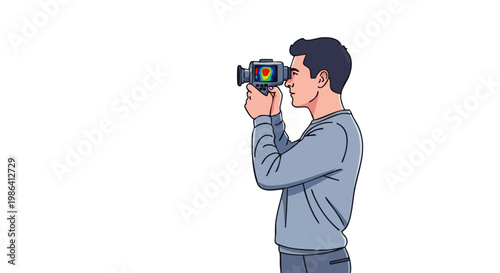 Man using thermal imaging camera for inspection. Vector illustration on black background
