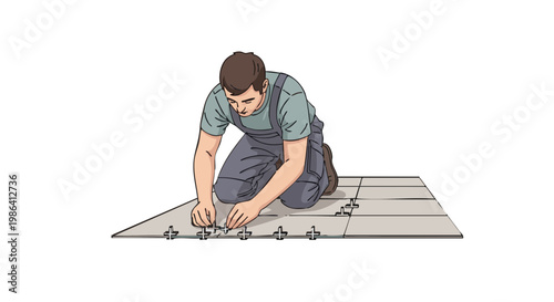 Tiler in overalls installing floor tiles with spacers. Handyman at work during home renovation