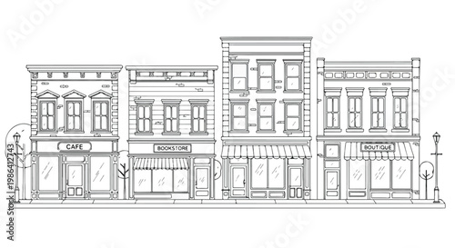 Row of small urban shop storefronts facade