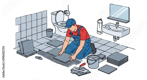 Worker installing floor tiles in bathroom. Handyman doing home renovation. Vector illustration