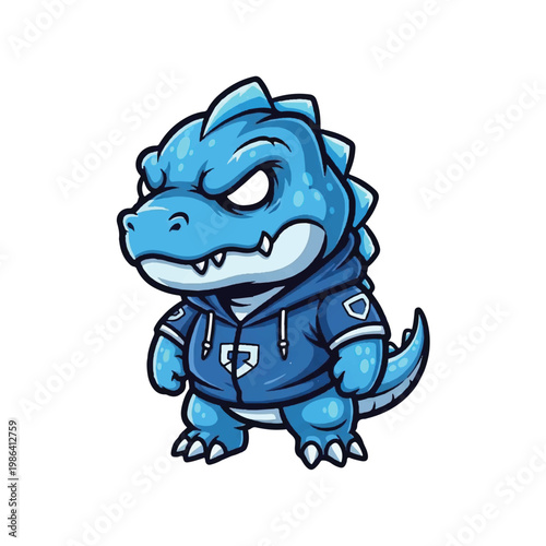 Cute blue cartoon dinosaur wearing a hoodie.