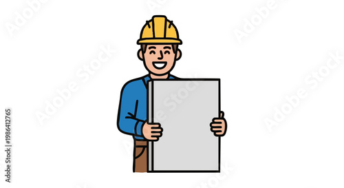 Smiling construction worker holding blank drywall board cartoon illustration