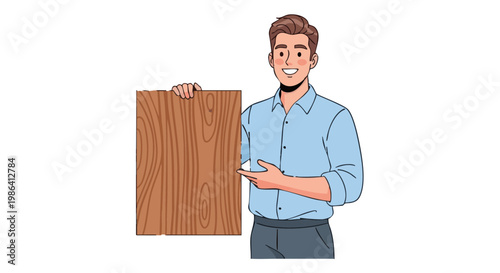 Smiling man holding and pointing at wooden board. Happy character presenting information. Vector illustration