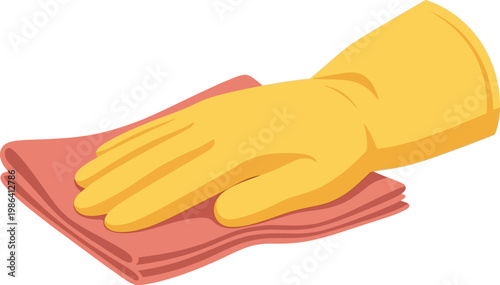 Hand in yellow glove holding a pink cleaning cloth