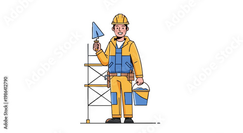 Cheerful builder character with tools and scaffolding vector illustration