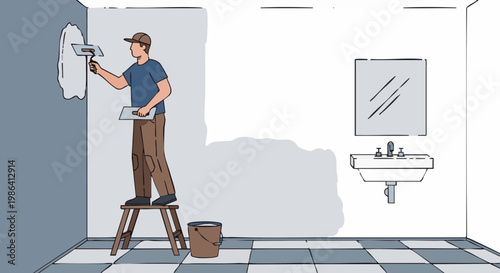 Man on stepladder plastering bathroom wall during home improvement renovation