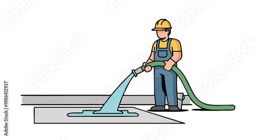 Construction worker pouring concrete floor with hose. Vector illustration of man at work