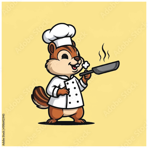 Cute cartoon chipmunk chef cooking with a frying pan.