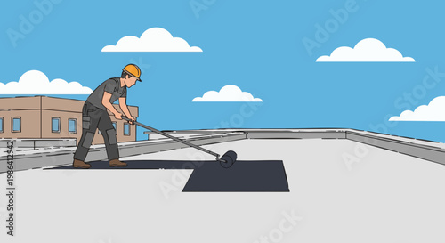 Roofer waterproofing flat roof with roller tool vector illustration