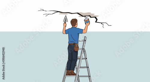 Handyman on ladder repairing damaged ceiling with plaster. Worker fixing crack with trowel and putty