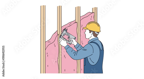 Construction worker installing pink wall insulation with staple gun vector illustration