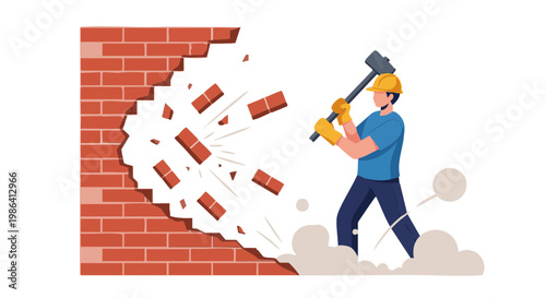 Construction worker breaking brick wall with sledgehammer. Demolition concept vector