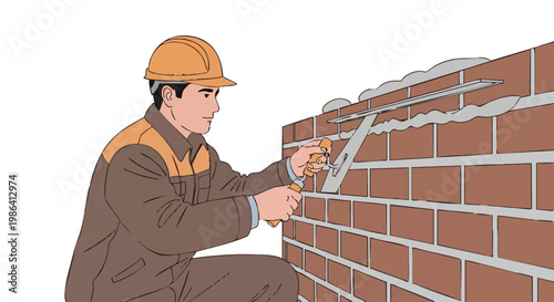 Bricklayer smoothing mortar on brick wall with trowel
