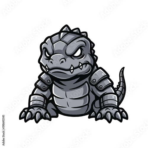 Cute cartoon monster lizard in armor with angry expression.