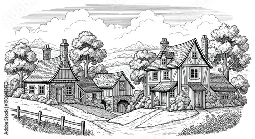 Realistic sketch of countryside rural houses