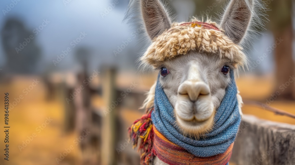 Fototapeta premium Cute Llama Wearing Decorative Textile Bands Around Its Body in Nature