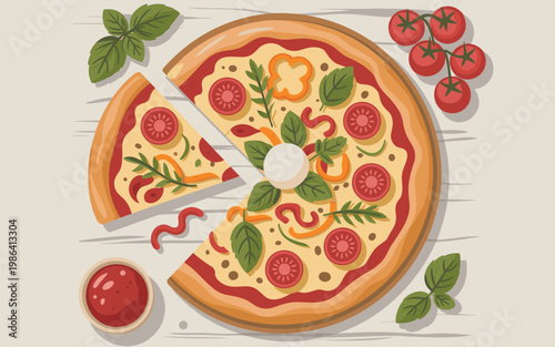 A delicious homemade pizza with melted cheese, fresh basil leaves, and various toppings on a wooden table indoors viewed from above.