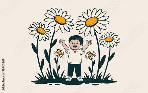 A cheerful boy stands among large daisies in a sunny field