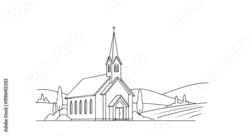 Sketch of village chapel on landscape