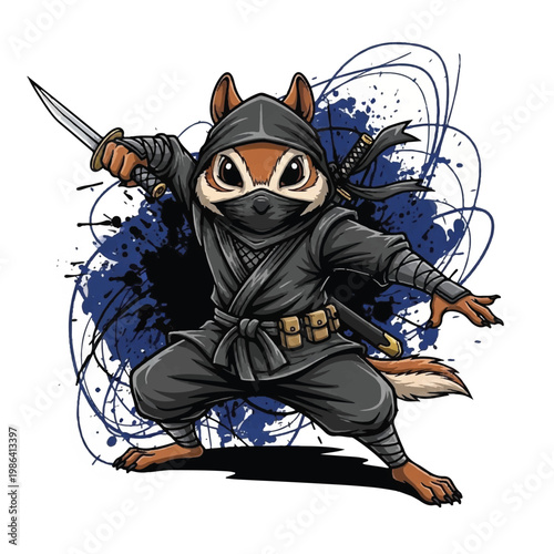 Cute Chipmunk Warrior Dressed as a Ninja Holding a Sword.