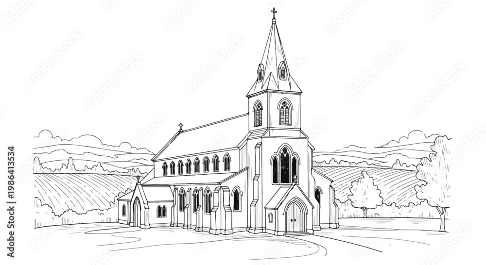 Obraz premium Perspective sketch of rural church building