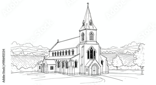Perspective sketch of rural church building