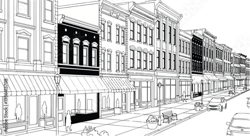 Perspective view of urban street buildings