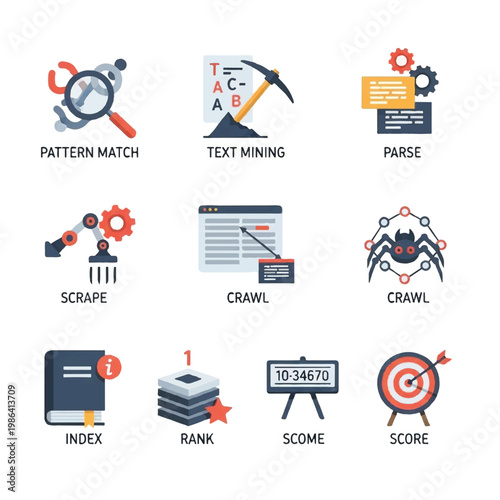 Data analysis and technology icons for web crawling and scoring.