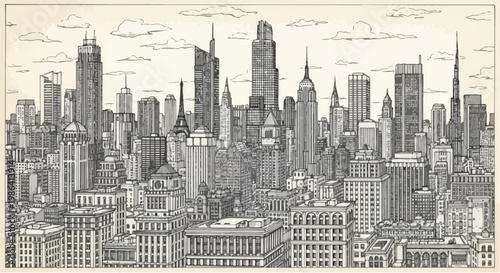 Vintage city skyline sketch sepia tone