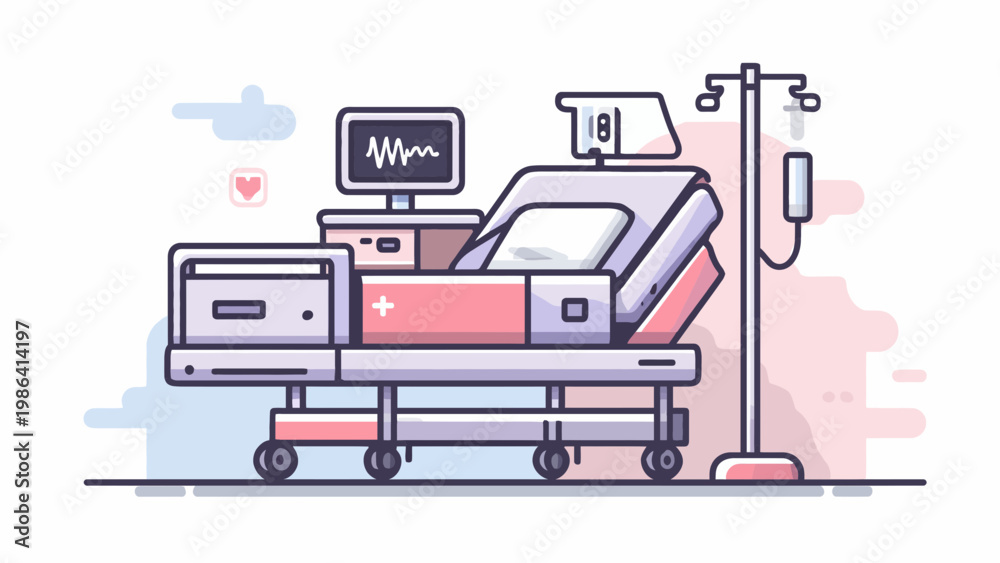 Fototapeta premium Intensive Care Unit Hospital Bed with Heart Rate Monitor and IV Drip Stand - Professional Medical Healthcare and Patient Recovery Illustration in Flat Graphic Style Isolated on White Background